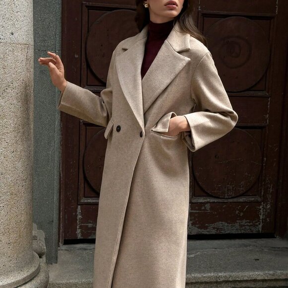 Khaki Casual Women's Lapel Long Coat - Picture 8 of 8